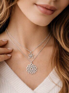 Lucky Layered Necklace Set Lotus Flower Pendant Minimal Spiritual Jewelry Gift